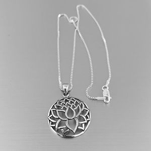 Sterling Silver Large Lotus Necklace, Mandala Flower Jewelry, Silver Chain